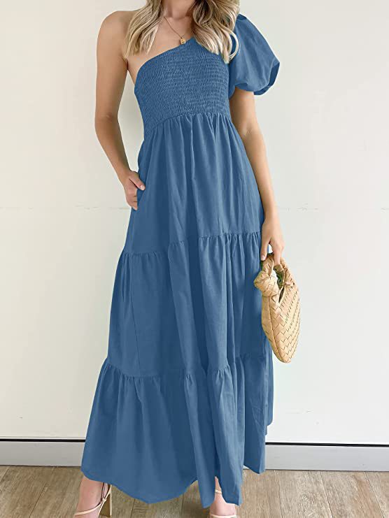 Damen Maxikleid mit asymmetrischem Träger und fließendem Schnitt EB