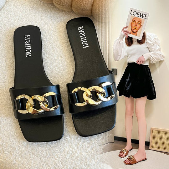 Damen Modische Badeslipper mit glänzendem Kettenakzent EB