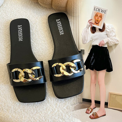 Damen Modische Badeslipper mit glänzendem Kettenakzent EB