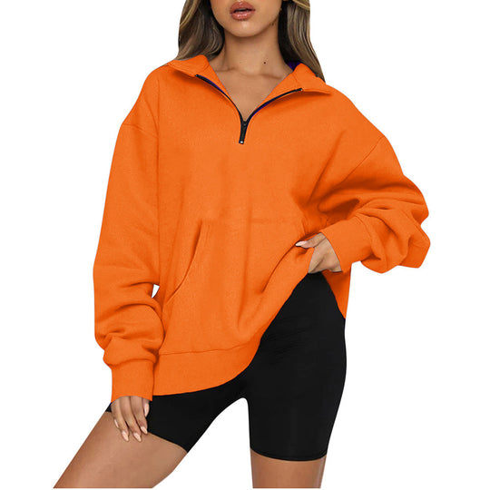 Damen nan Oversize-Halbzip-Kapuzenpullover mit Kängurutasche und verlängertem Saum EB