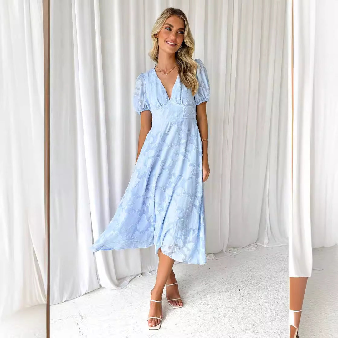 Damen Midi-Kleid mit grafischem Auschnitt und Puffärmeln EB
