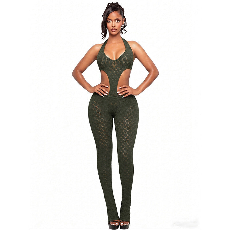 Damen Cut-Out Bodycon Overall mit tiefem V-Ausschnitt und transparenter Häkelstruktur EB
