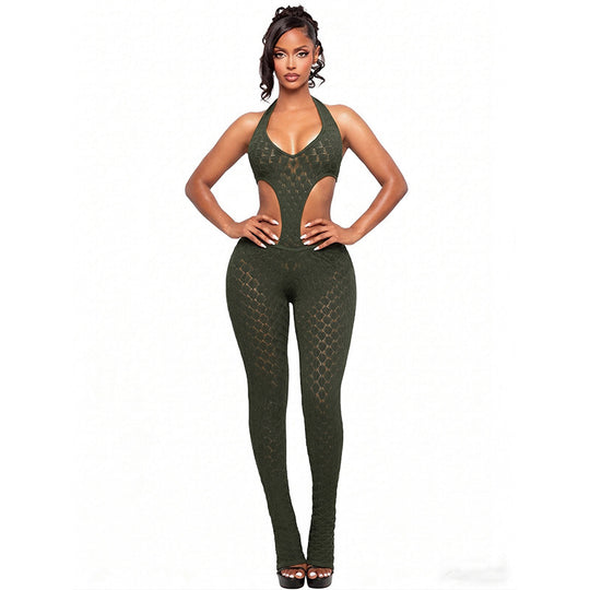 Damen Cut-Out Bodycon Overall mit tiefem V-Ausschnitt und transparenter Häkelstruktur EB