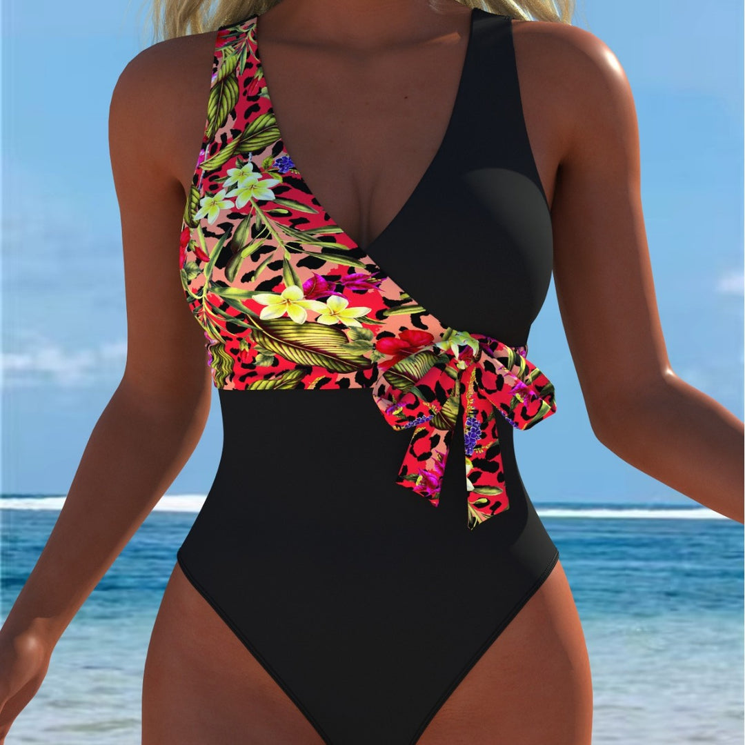 Damen einteiliger Badeanzug mit floralem Wickeldesign und modischem Schwarz EB