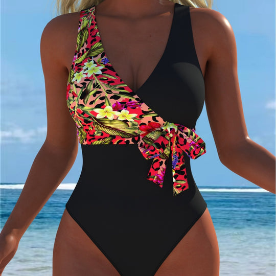 Damen einteiliger Badeanzug mit floralem Wickeldesign und modischem Schwarz EB