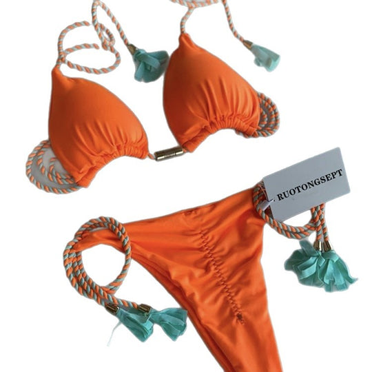 Damen Triangel-Bikini mit modischem Leopardenmuster und dekorativen Quasten EB