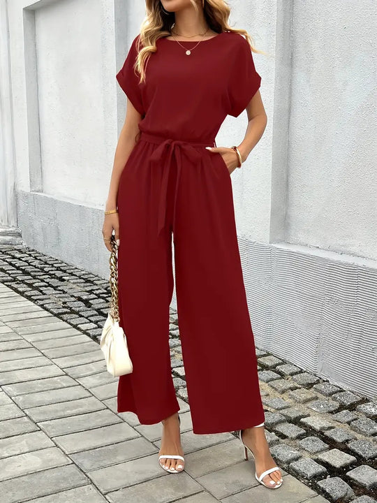 Damen Eleganter Jumpsuit mit weitem Bein und Taillenknoten EB