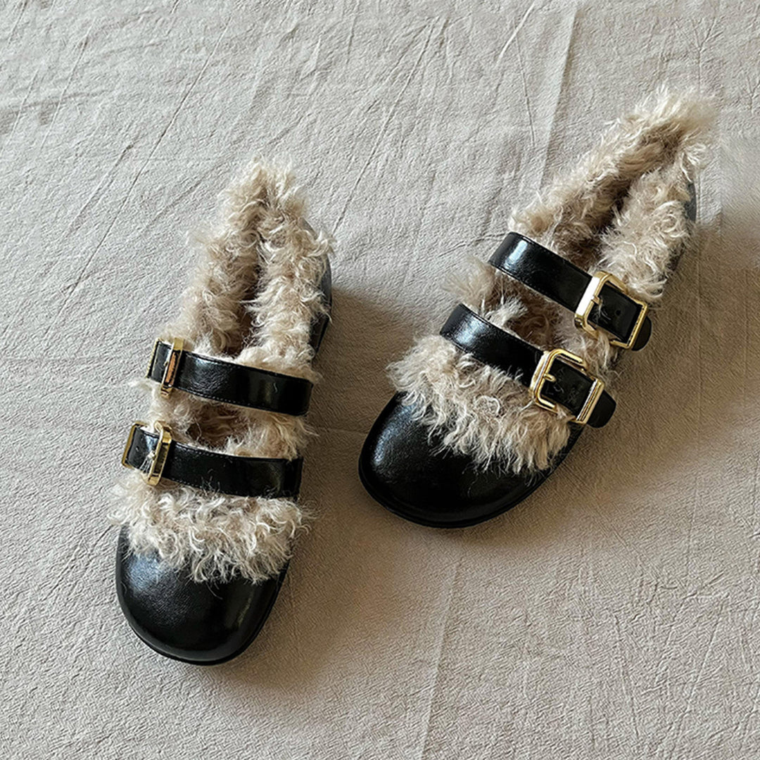 Damen Clogs mit kuscheligem Kunstfellkragen und modischen Schnallen EB