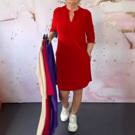 Damen Freizeitkleid mit modernem Stehkragen und seitlichen Taschen Heidi-Mode