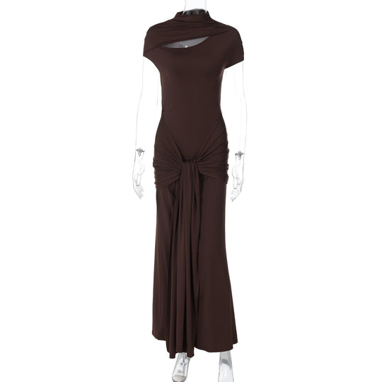 Damen Elegantes Langarm-Maxikleid mit raffiniertem Knotendesign EB