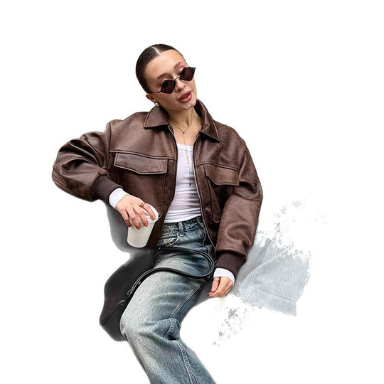 Damen cropped Kunstlederjacke mit Taschen EB