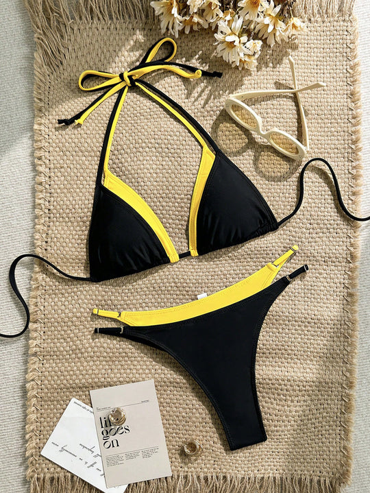 Damen Triangel-Bikini mit verstellbaren Trägern und kontrastrierendem Farbdesign EB