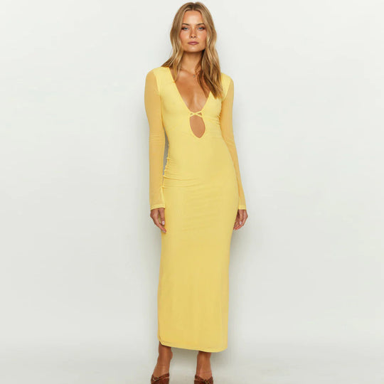 Damen elegantes Maxikleid mit tiefem V-Ausschnitt und transparenten Ärmeln EB