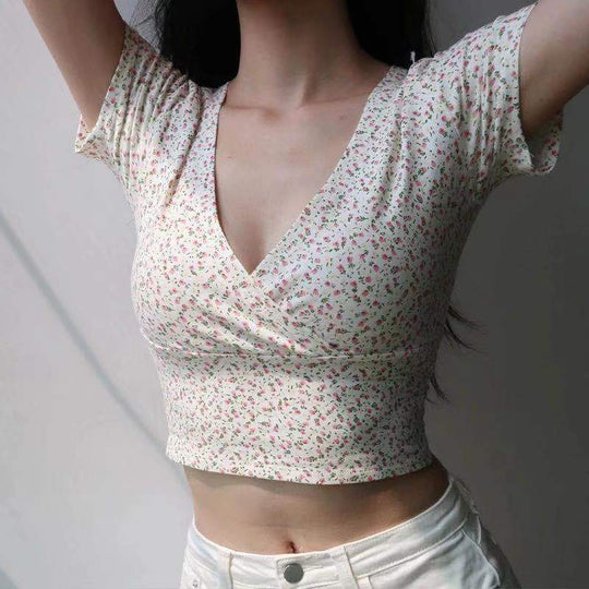 Damen Crop-Top mit floralem Muster und elegantem V-Ausschnitt EB