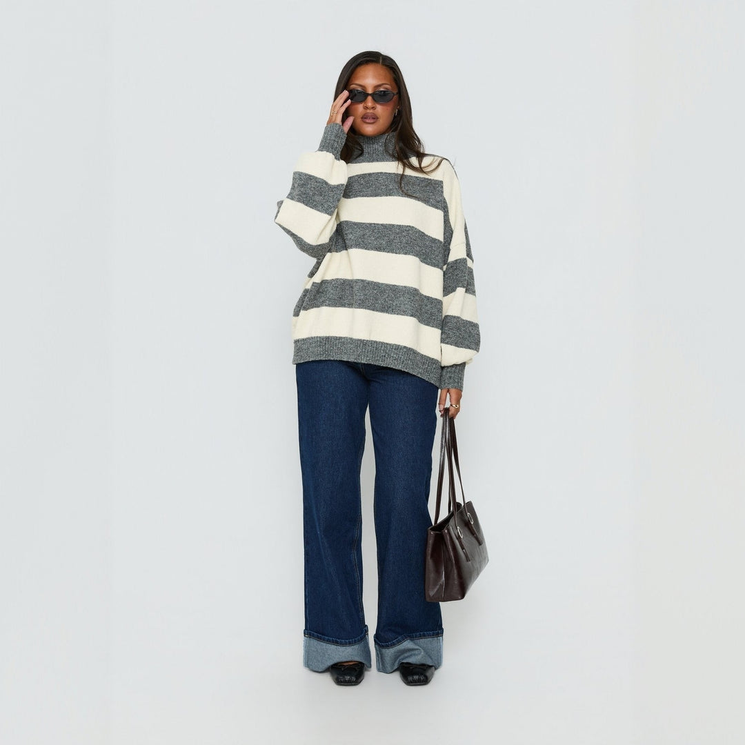Damen Oversize Streifen-Pullover mit Rollkragen EB