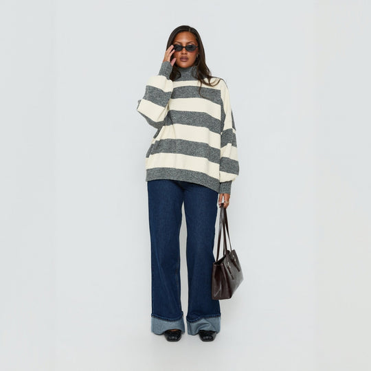 Damen Oversize Streifen-Pullover mit Rollkragen EB