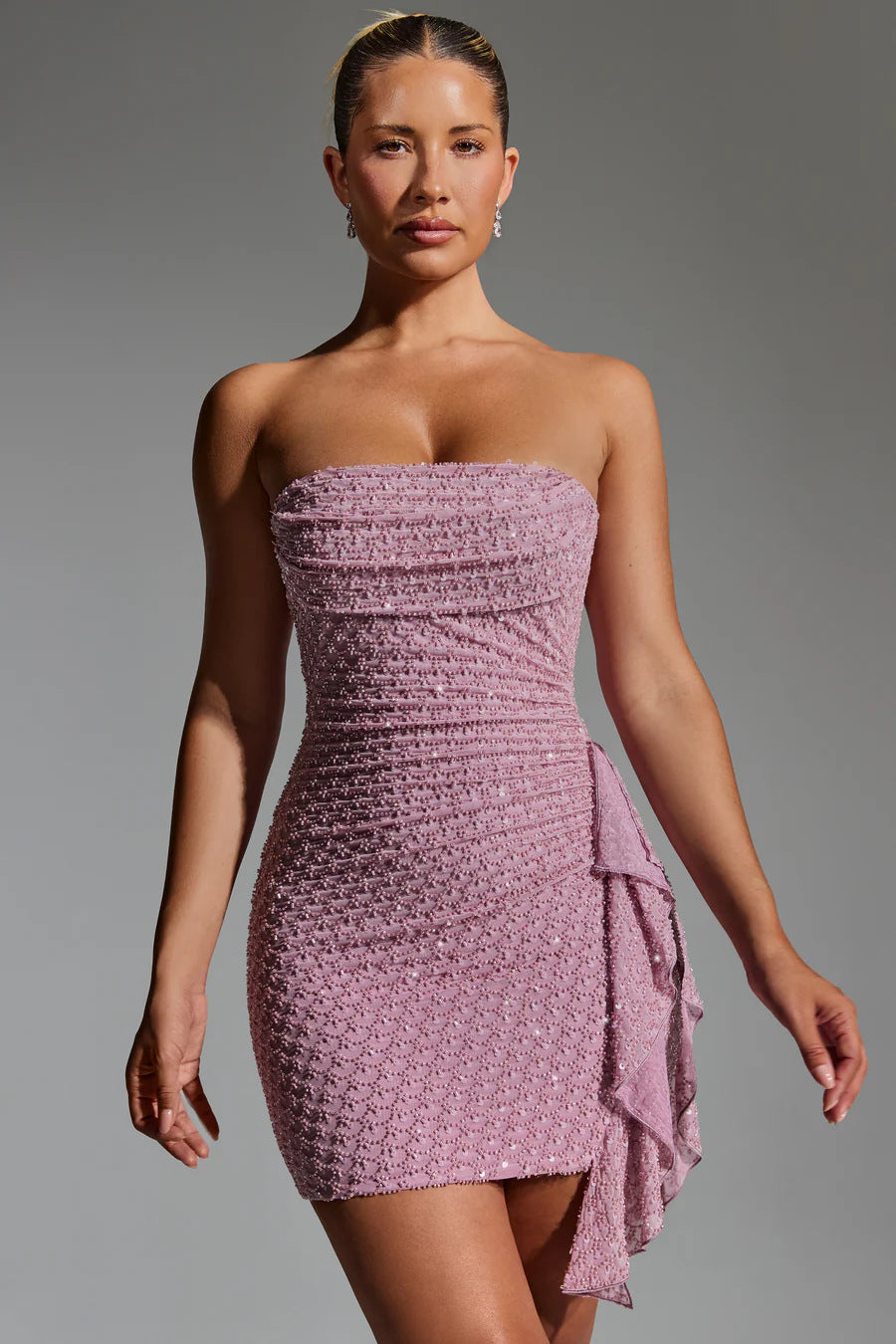 Damen Mini-Kleid mit raffinierten Rüschendetails und elastischer Struktur EB