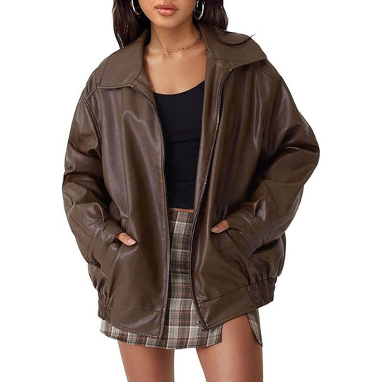 Damen Oversize Kunstleder Blouson mit Reißverschluss und elastischem Saum EB