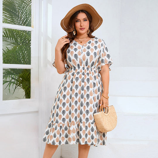 Damen Midi-Kleid mit elegantem V-Ausschnitt und floralem Design EB