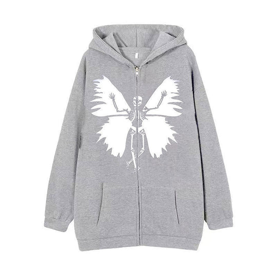 Damen Zip-Hoodie mit einzigartigem Skelett- und Schmetterlingsmotiv EB