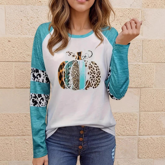 Damen Langarmshirt mit kreativem Kürbis-Design und kontrastierenden Ärmeln EB