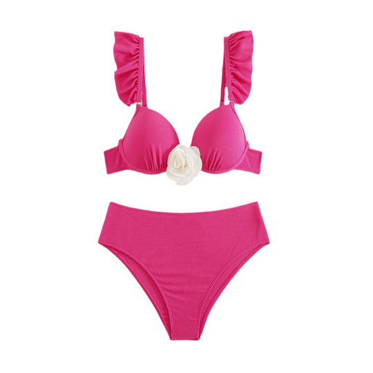 Damen Hochtailliertes Bikini-Set mit Rüschen und floralem Detail EB