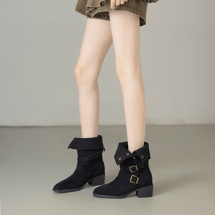 Damen Modische Stiefeletten mit verstellbaren Riemen und robustem Blockabsatz EB