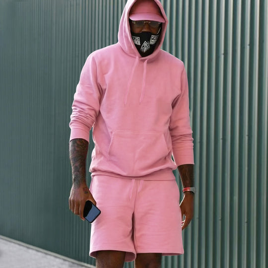Herren nan zweiteiliges Freizeit-Set Hoodie und Sweatshorts aus French Terry mit Kängurutasche und Tunnelzug EB