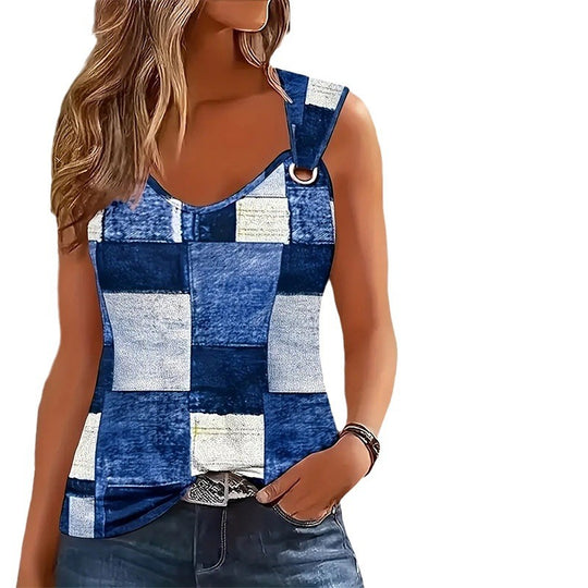 Damen ärmelloses Oberteil mit Patchwork-Design und dekorativem Knopf Heidi-Mode
