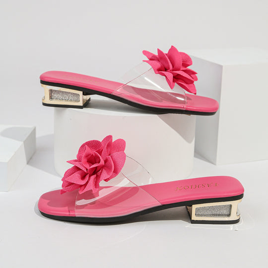 Damen Slides mit floralen Applikationen und funkelndem Blockabsatz EB