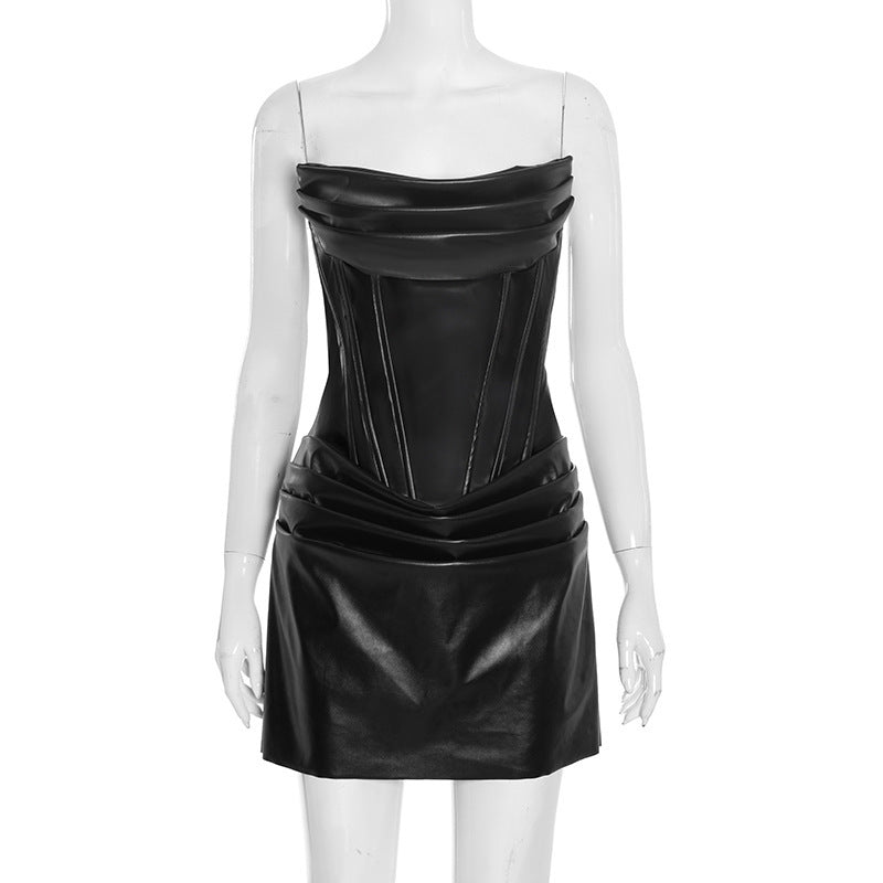 Damen Raffiniertes Minikleid aus hochwertigem Kunstleder mit drapierten Details EB