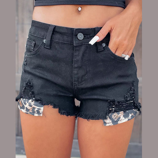 Damen Denim-Shorts mit Leoparden-Detail und modischem Destroyed-Effekt EB