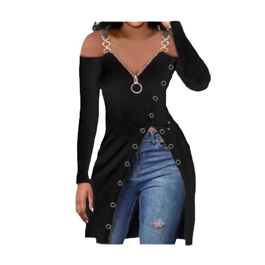 Damen Figurbetontes V-Ausschnitt Kleid mit Zipper und Schmuckdetails EB