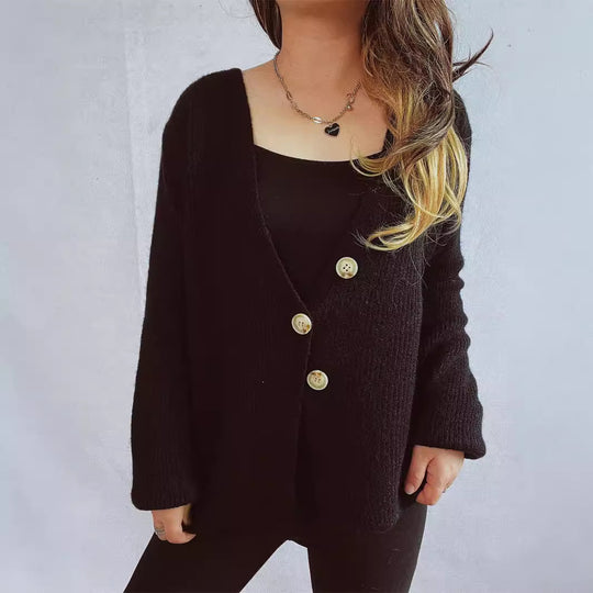 Damen lässiger Strickcardigan mit dekorativen Knopfdetails EB