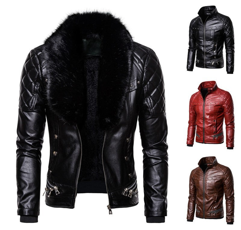 Herren Bikerjacke mit Kunstfellkragen und gesteppten Details EB