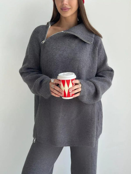 Damen Modernes Strickoberteil mit asymmetrischem Reißverschluss EB