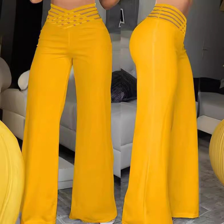 Damen nan hochtaillierte Schlaghose mit mehrreihiger Riemchen-Taille und weitem fließendem Bein EB