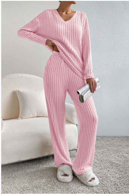 Damen Freizeit-Loungewear-Set aus weichem Rippstoff mit V-Ausschnitt EB