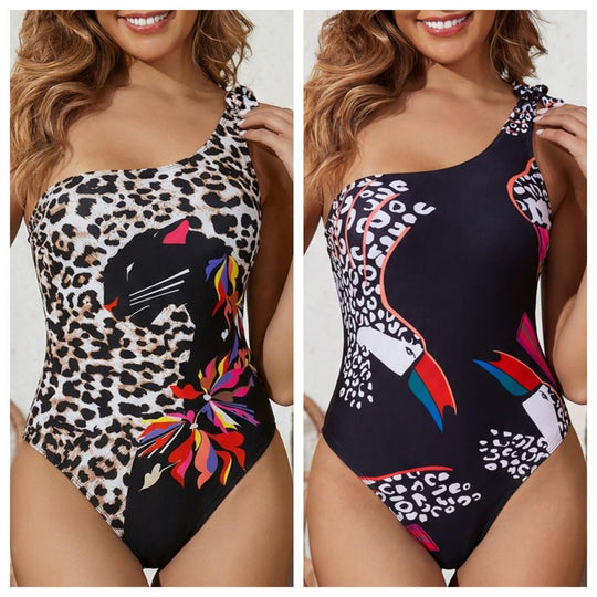 Damen Einteiliger Badeanzug mit asymmetrischem Träger und auffälligem Tiermotiv EB
