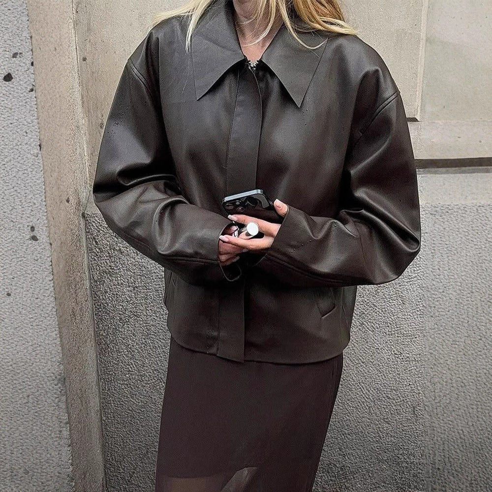 Damen modische Kunstlederjacke mit oversized Design EB