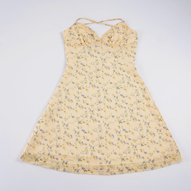 Damen Kurzarm Sommerkleid mit floralem Design und verstellbaren Spaghettiträgern EB