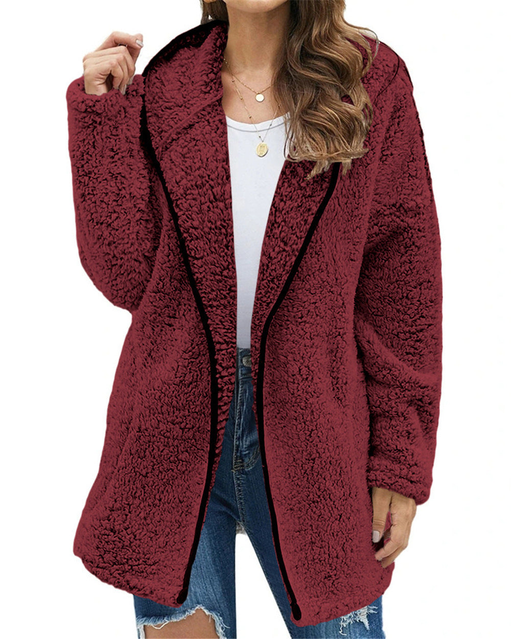 Damen Flauschige Kapuzenjacke im oversized Schnitt mit Eingrifftaschen und Reißverschluss EB