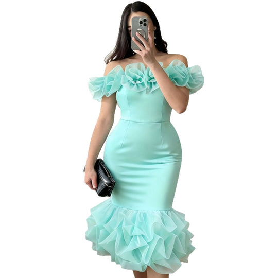Damen Figurbetontes Kleid mit Rüschenärmel und voluminösem Saum EB