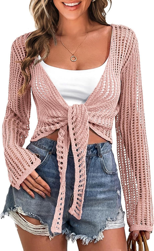 Damen luftige Strickjacke mit Fransen und Bindegurt EB