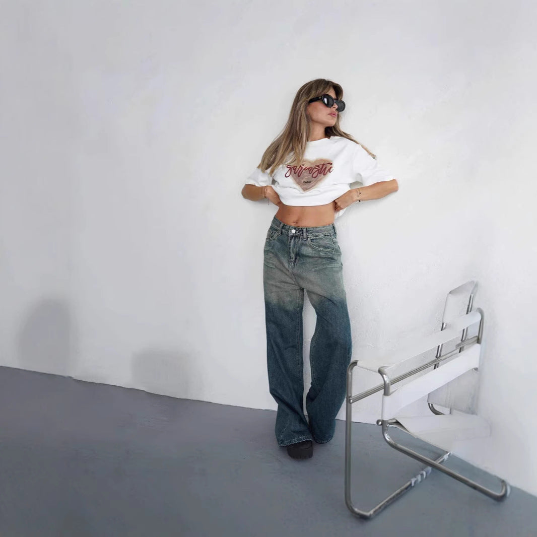 Damen Weit geschnittene Jeans mit modischem High-Waist Design und einzigartiger Waschung EB
