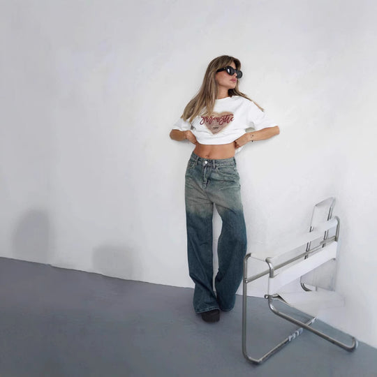 Damen Weit geschnittene Jeans mit modischem High-Waist Design und einzigartiger Waschung EB
