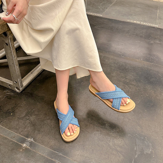 Damen modische Sandalen mit dekorativem Geflecht und komfortablem Fußbett EB
