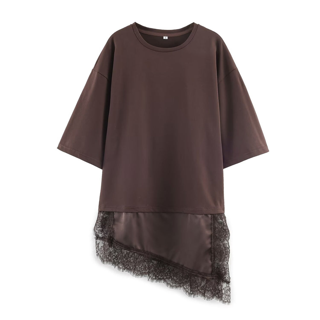 Damen asymmetrisches T-Shirt mit Spitzenbesatz EB