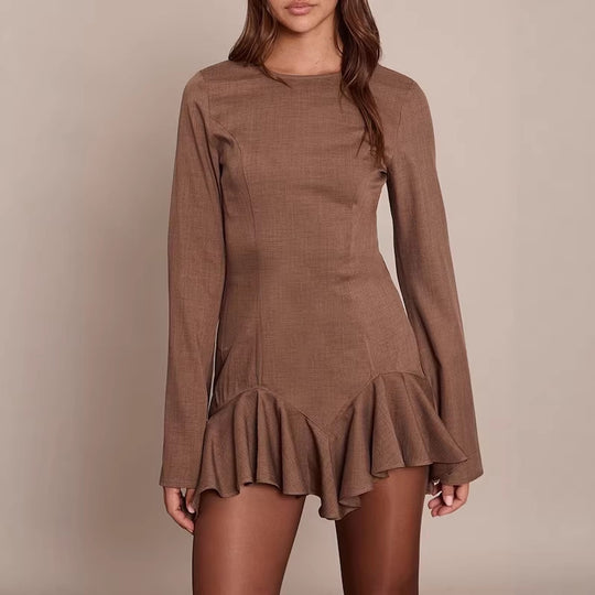 Damen Figurbetontes Langarm-Minikleid mit taillierten Nähten und Volant-Saum EB