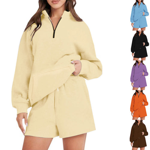 Damen Lässiger Sweatshirt-Set mit hochschließendem Kragen und kurzen Shorts EB